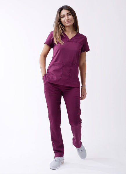 Sweetheart V-neck Scrub Top-Wine-Scrub Envy