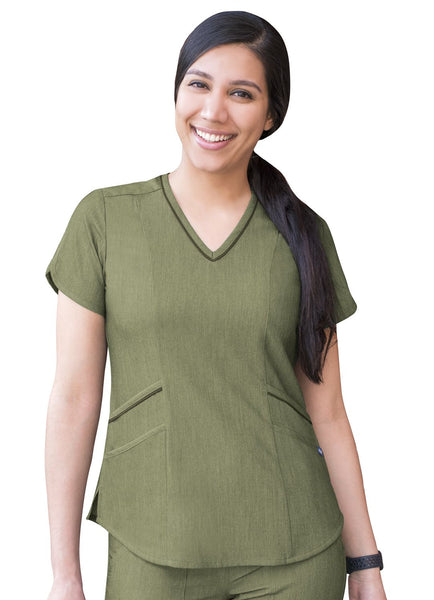 Adar-Pro-Heather-Women's-Modern-V-Neck-Scrub-Top-Heather Olive-Scrub-Envy